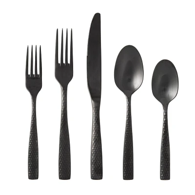 Fortessa Tableware Solutions 5pc Lucca Faceted Brushed Flatware Set Black: 18/10 Stainless Steel, Dishwasher-Safe, Service for 1