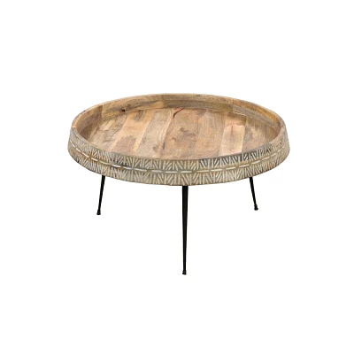 The Urban Port 29 Modern Handcrafted Round Coffee Table Natural Brown Wood Top with Carved Edge Black Iron Legs Brown/Black