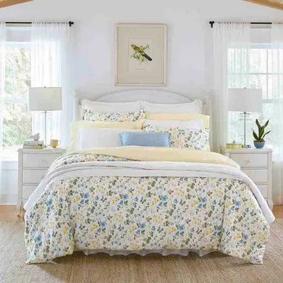 Laura Ashley 3pc Meadow Floral 100% Cotton Duvet Cover & Sham Set White/Blue: Sateen Texture