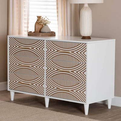 Baxton Studio Louetta Carved Contrasting 6 Drawer Dresser White/Natural Brown