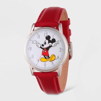 Womens Disney Mickey Mouse Silver Cardiff Leather Strap Watch - Red