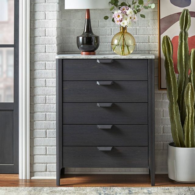 Keely 5 Drawer Chest Charcoal Gray - Buylateral: Mid-Century Modern, Bedroom Storage, Faux Marble Top