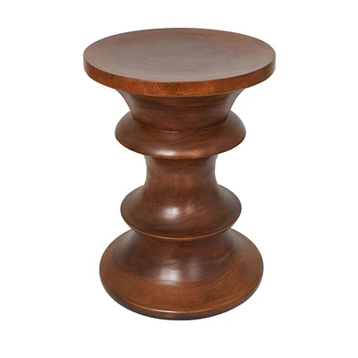 Olivia & May Wood Accent Table with Geometric Column Base Brown: Round Teak Side Table, No Assembly Required