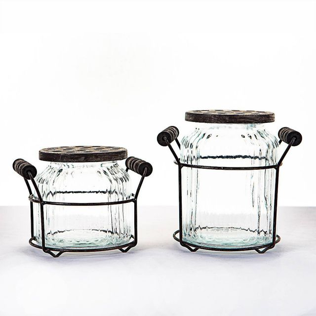 Set of 2 Glass Vases with Lids Metallic Pewter - Ultimate Innovations: Indoor Metal & Sculpture Decor