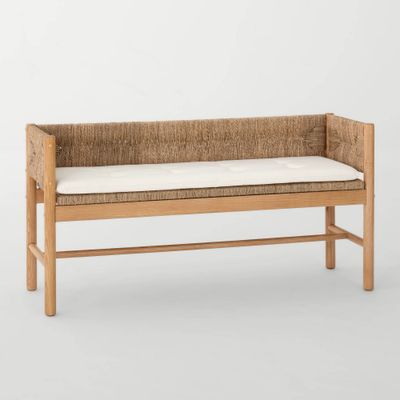 Elden Wood Bench with Woven Back and Loose Cushion Seat - Threshold designed with Studio McGee