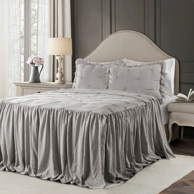 Full 3pc Ravello Pintuck Ruffle Skirt Bedspread & Sham Set Light Gray - Lush Dcor