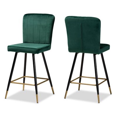 2pc Preston Two-Tone and Metal Bar Stool Set - Baxton Studio: Velvet Upholstered