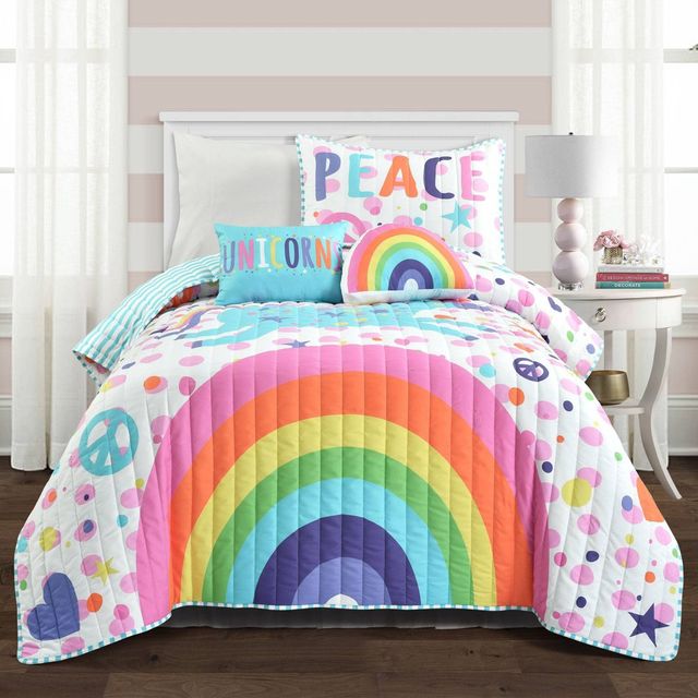 4pc  Kids Unicorn Rainbow Reversible Quilt Set - Lush Dcor: Girls Bedding, Microfiber, Decorative Pillows