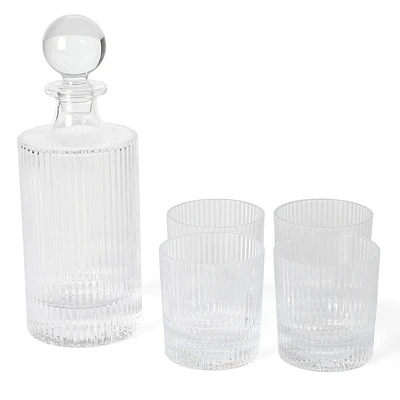 Martha Stewart Bayville Decanter Plus 4pk Whiskey 10oz Embossed Glassware Set