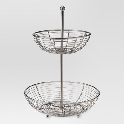 Matte Finish 2-Tier Fruit Basket - Threshold: Steel Round Fruit Stand Holder, Silver, Spot Clean, 17 Height