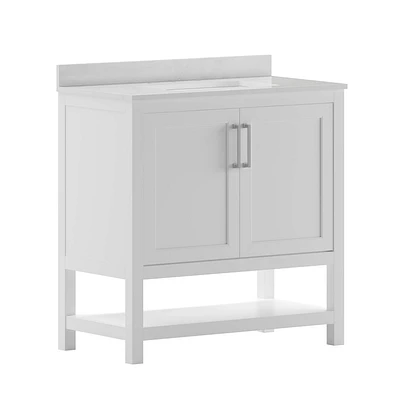 Taylor & Logan 36 Vivien Bathroom Vanity White: Carrara Marble Countertop, Ceramic Sink, Adjustable Shelf