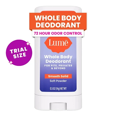 Lume Whole Body Womens Deodorant - Mini Smooth Solid Stick - Aluminum Free - Soft Powder Scent - Trial Size - 0.5oz