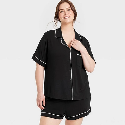 Women Cloud Knit Short Sleeve Notch Collar Top and Short Pajama Set