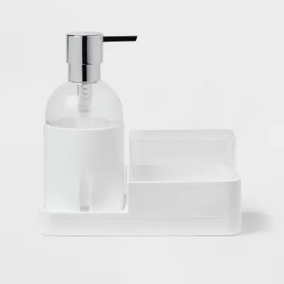 Plastic Soap Pump with Silicone Holder with Caddy & Tray White - Brightroom: Kitchen Soap Caddy Dispenser