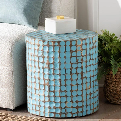 bali & pari Juliette Coconut Shell and Acacia Wood End Table Sky Blue/Natural Brown