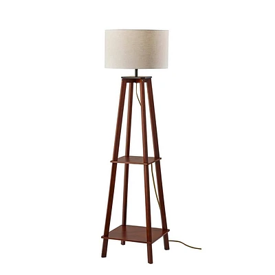 Adesso Kirby Shelf Floor Lamp Walnut Wood: Modern Design, Linen Shade, 3-Way Rotary Dimmer Switch