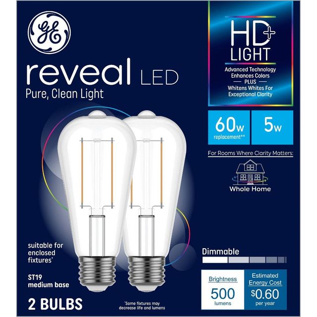 GE 2pk 60W Reveal ST19 LED Edison Style Light Bulbs: 5W LED Equivalent, E26 Base, Dimmable, 500 Lumens, 2700K White