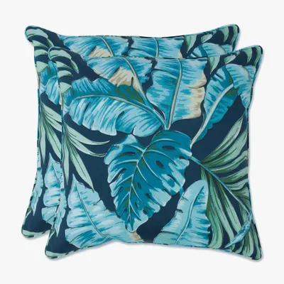 Set of 2 Outdoor/Indoor Throw Pillows Tortola Midnight Blue - Pillow Perfect: Weather-Resistant, Abstract Botanical Design