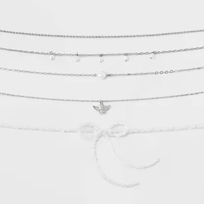 White Bead Bow and Chain with Angel Choker Necklace Set 5pc - Wild Fable Silver/White