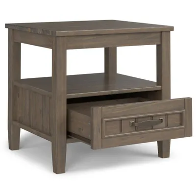 WyndenHall Rowan End Table with Bottom Drawer Smoky Brown: Transitional Style, Square Side Table with Fixed Shelf