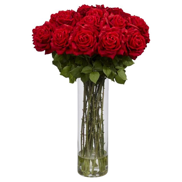 Nearly Natural Giant Rose Silk Flower Arrangement: Lifelike Red Roses with Greenery in Glass Vase