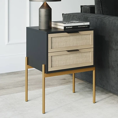 Nathan James Andrew 2 Drawers Side Table Matte Black Rattan: Brass Gold Hardware, Durable Metal Legs