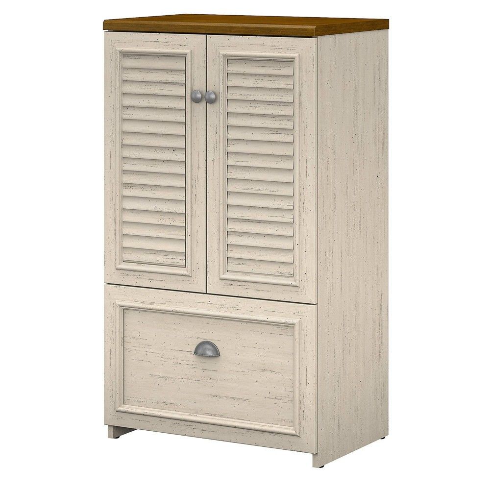 Fairview Storage Cabinet with Drawer White - Bush Furniture: Modern Farmhouse Style, Antique Pewter Hardware