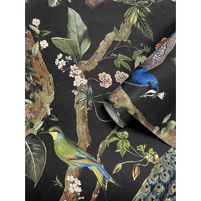 Holden Cassia Peacock Charcoal Non-Woven Wallpaper: Mid-Century Modern, Botanical Pattern, Non-Toxic, Strippable, Washable