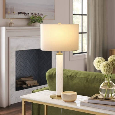 Faux Marble Stick Table Lamp White - Threshold: Gold Base, Linen Drum Shade, No Assembly Required