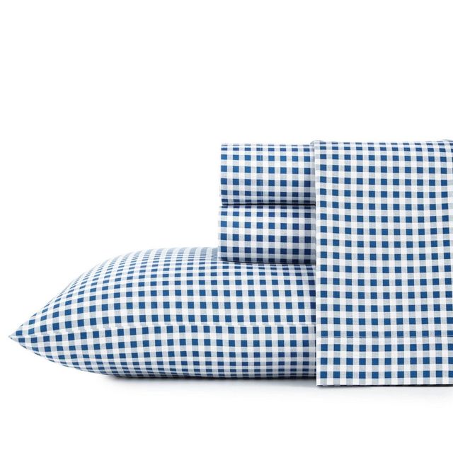 Twin Printed Pattern Percale Cotton Sheet Set Navy Gingham - Poppy & Fritz