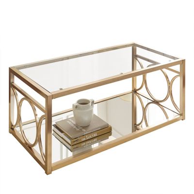 Steve Silver Co. Olympia Cocktail Table Glass Iron and Chrome: Rectangle, Fixed Shelf, Metal Frame, Clear Top