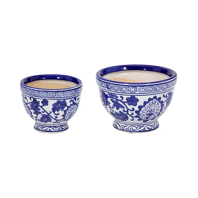 Sagebrook Home 2pc Bowl Chinoiserie Ceramic Indoor Outdoor Planter Pots Blue/White: Hand-Painted, Rust-Resistant