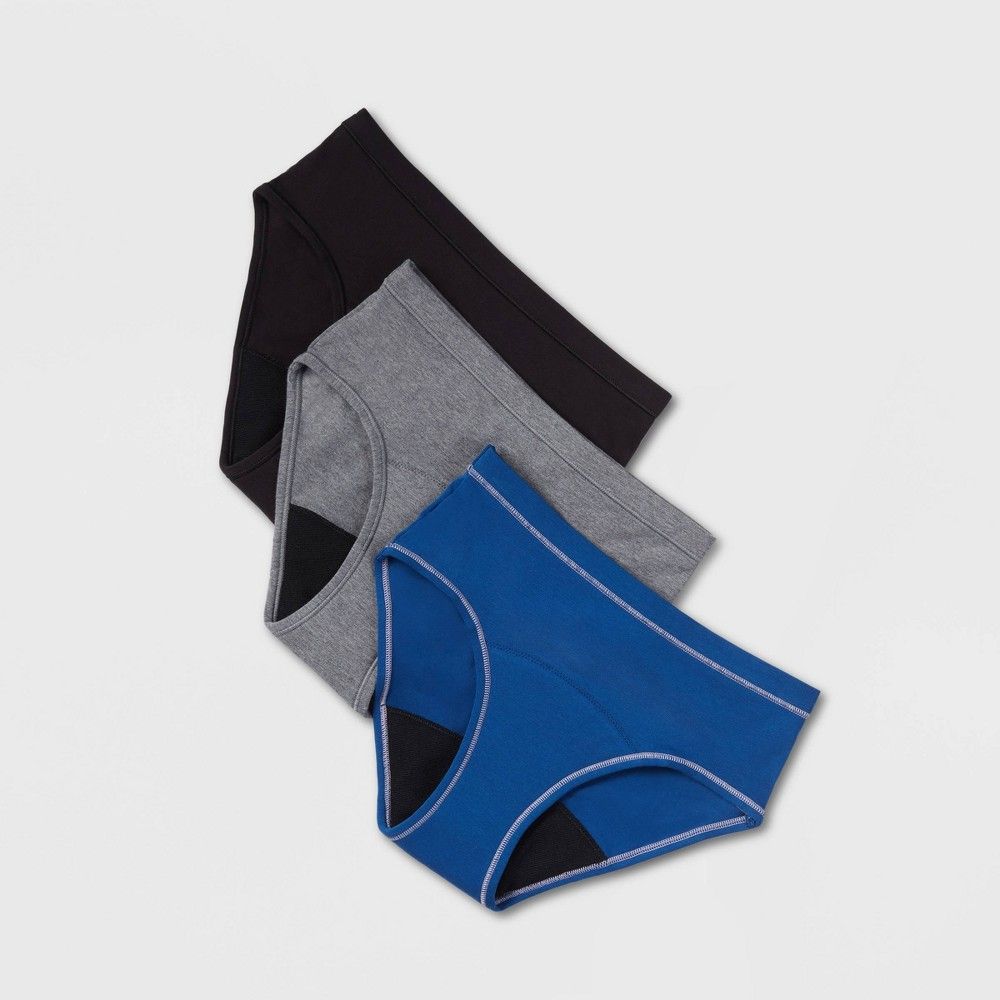 Thinx Teens 3pc Classic Combo Briefs Period Underwear - Black/Blue/Gray  13/14