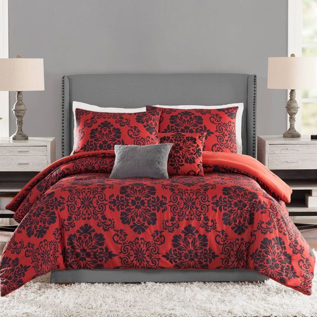 Presidio Square King 5pc Damask Medallion Comforter Set Red: Polyester, Machine Washable, Includes Decorative Pillows & Shams