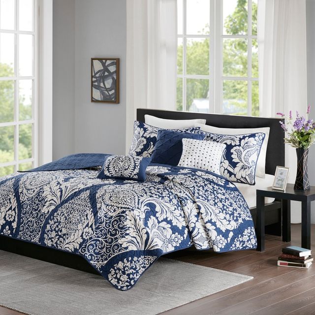 Madison Park 6pc Full/Queen Adela Reversible Coverlet Set Indigo: Cotton Sateen, Embroidered, OEKO-TEX Certified