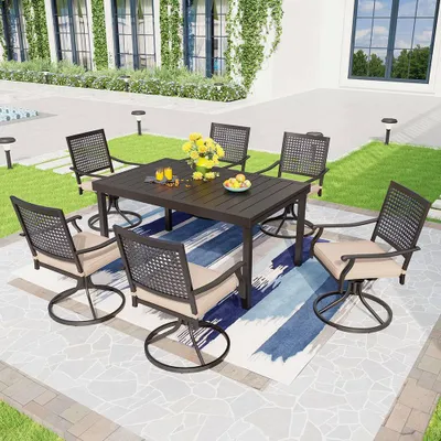 7pc Outdoor Dining Set with Swivel Chairs & Cushions & Expandable Table - Captiva Designs: Weather-Resistant, Steel Frame