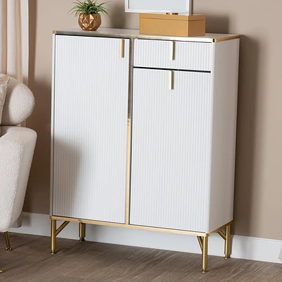 Baxton Studio Lilac Wood and Metal 2 Door Shoe Cabinet White/Gold: Mirrored Trim, 16 Pairs Storage, Rounded Legs