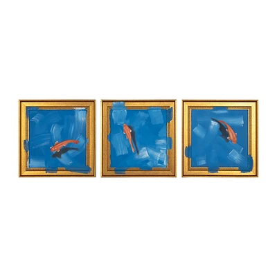 SAGEBROOK HOME (Set of 3) 83x28 Hand Painted Fish in Sea Wall Arts Blue/Orange: Contemporary MDF Wall Panels