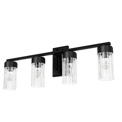 Hunter Fan Gatz with Clear Fluted Glass 4-Light Bathroom Vanity Wall Light Fixture Matte Black