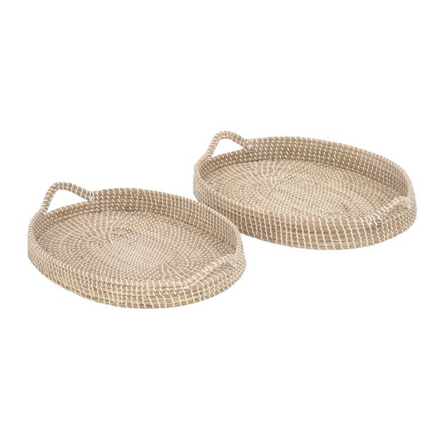 Set of 2 Oval Natural Seagrass Trays with Handles White/Brown - Olivia & May