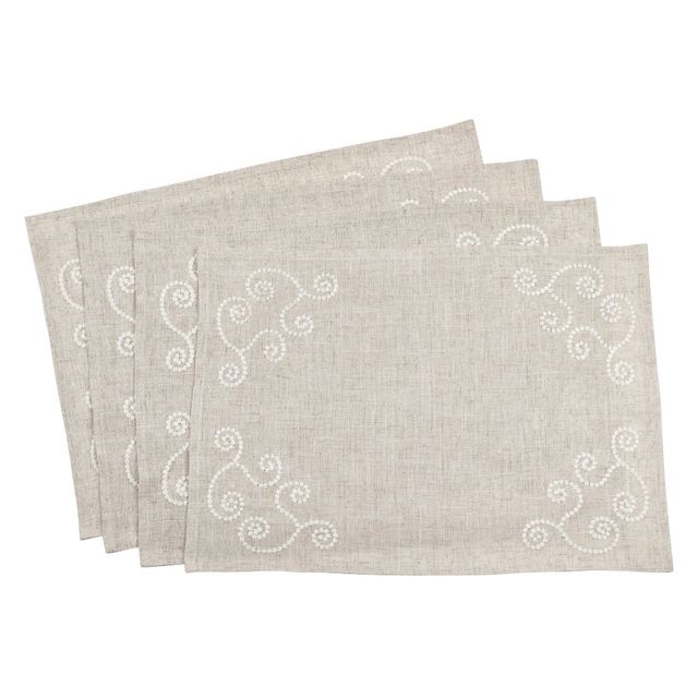 Saro Lifestyle Embroidered Swirl Design Casual Natural Linen Blend Placemat : 20x20 Inch Polyester, Machine Washable Cloth Napkins