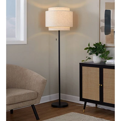 LumiSource Tier 64 Contemporary Metal Floor Lamp Black Metal with Beige Linen Shade