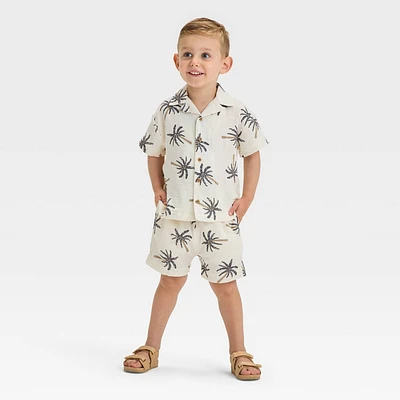 Grayson Mini Toddler Boys Short Sleeve Palm Tree Printed Woven Gauze and Shorts Set