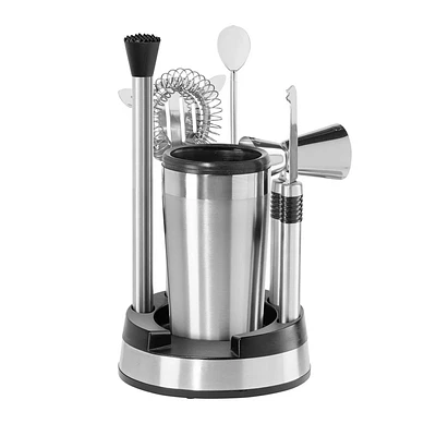 Oggi 8pc Compact Barware Set: Stainless Steel, Glass & Plastic, Hand Wash, Silver, 8 Pieces