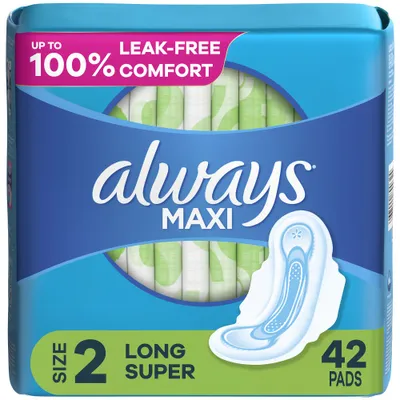 Always Maxi Pads Long Super Absorbency Unscented with Wings - Size 2 - 42ct