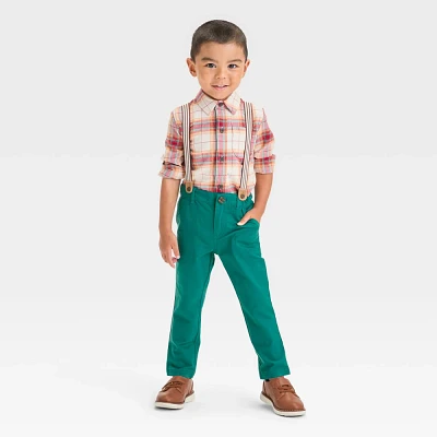 Toddler Boys Long Sleeve Plaid Woven Button-Down Shirt and Suspender Pants Set