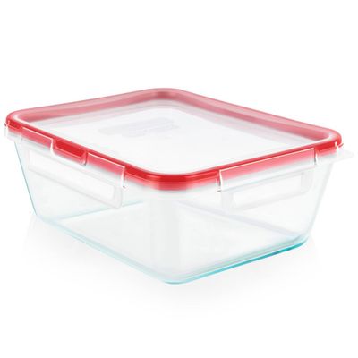 Pyrex Freshlock 8 Cup Rectangle Food Storage Container: Glass Container with Lid, Oven & Microwave Safe, Clear/Red