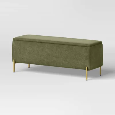 Ivy Upholstered Storage Bench with Brass Legs Sage Green (KD) - Threshold: Bedroom Furniture, Hinged Lid