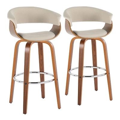 LumiSource Set of 2 Vintage Modern Barstools Walnut/Chrome/Cream: Upholstered Swivel Chairs with Footrest