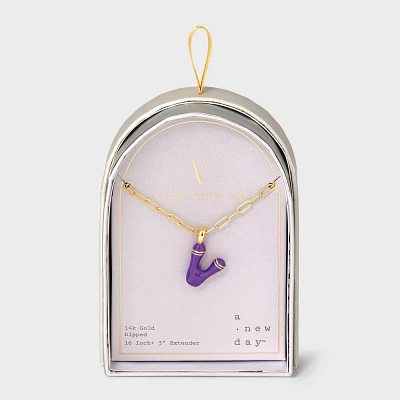 14K Gold Dipped Enamel Initial V Pendant Necklace - A New Day Dark Purple